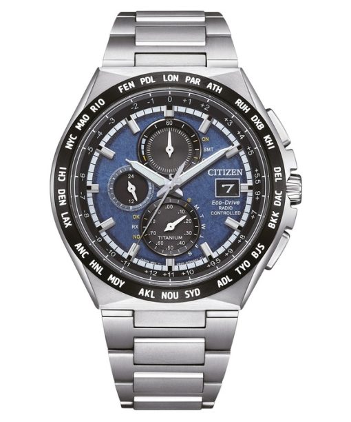 Montre homme Citizen Eco-Drive GMT radiocommandée chronographe Super Titanium cadran bleu AT8238-84L 100M