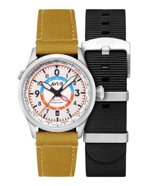 Montre pour homme AVI-8 Flyboy Wingman Worldtimer GMT automatique avec bracelet vert sable et cadran crème AV-4120-02 avec brace