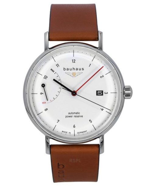 Montre Bauhaus Classic pour homme avec bracelet en cuir marron et cadran blanc automatique 21601