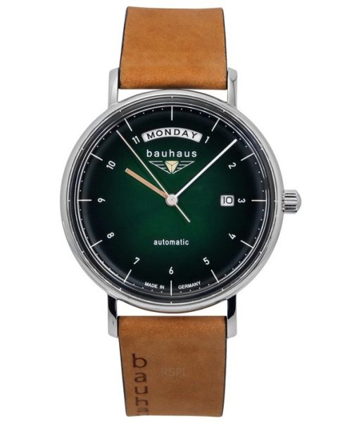 Montre Bauhaus Classic pour homme avec bracelet en cuir et cadran vert foncé, modèle automatique 21624