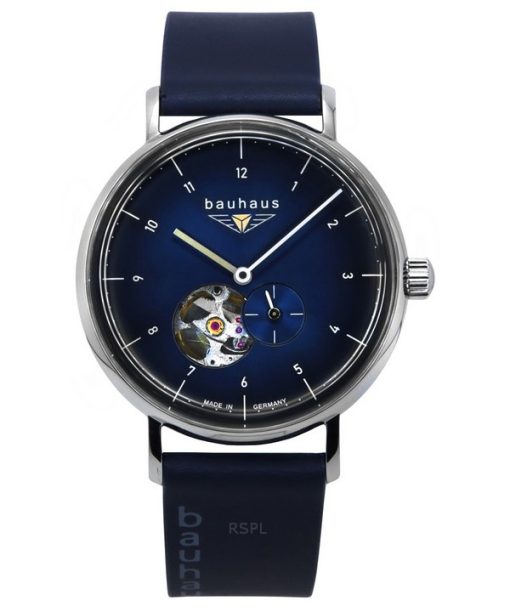 Montre homme Bauhaus Classic avec bracelet en cuir bleu et cadran bleu foncé à cœur ouvert automatique 21663