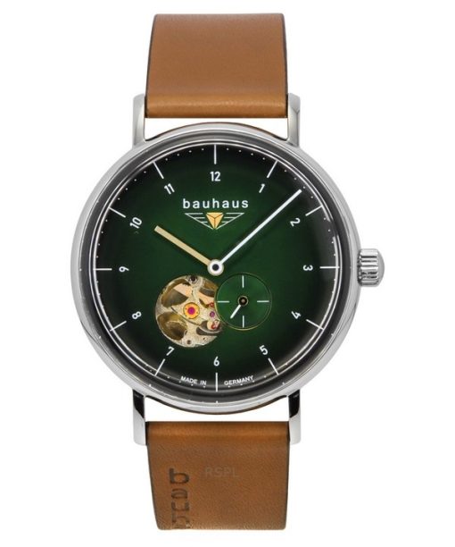 Montre homme Bauhaus Classic avec bracelet en cuir vert foncé et cadran ouvert en forme de cœur automatique 21664