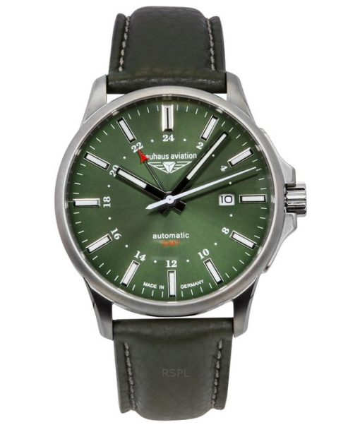 Montre Bauhaus Aviation GMT pour homme avec bracelet en cuir vert et cadran vert foncé, automatique, 28684, 100 m