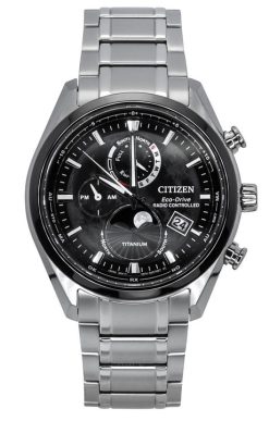 Montre pour homme Citizen Tsuki-Yomi à phases de lune radiocommandées en titane avec cadran noir Eco-Drive BY1018-80E 100 m