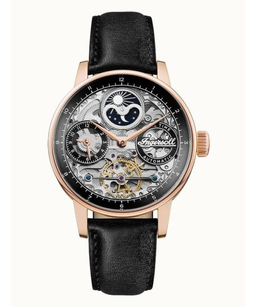 Montre Homme Ingersoll The Jazz Moon Phase Bracelet Cuir Cadran Squelette Noir Automatique I07705