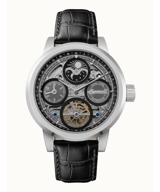 Montre automatique pour homme Ingersoll The Arc Moon Phase avec bracelet en cuir et cadran squelette noir I16001