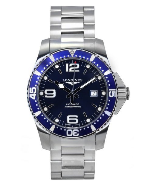 Montre de plongée automatique Longines Hydroconquest en acier inoxydable avec cadran bleu Sunray L3.781.4.96.6 300M pour homme