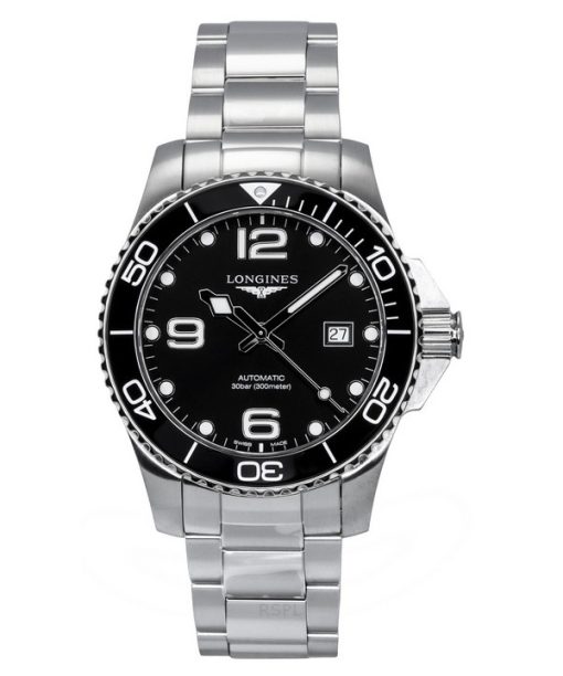 Montre de plongée automatique Longines Hydroconquest en acier inoxydable avec cadran noir et rayons de soleil L3.782.4.56.6 300M