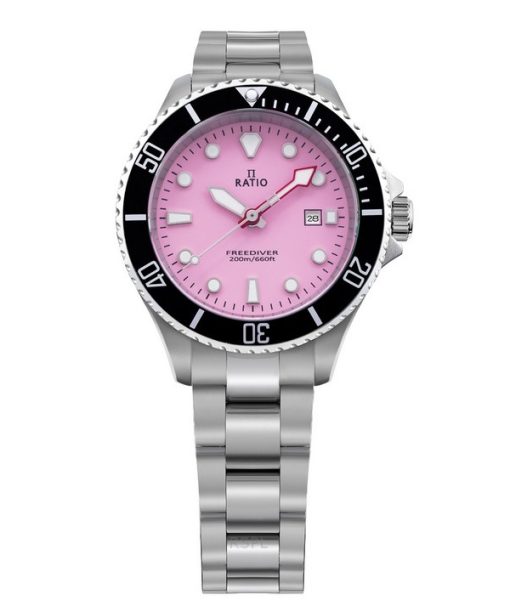 Montre femme Ratio FreeDiver Sapphire en acier inoxydable avec cadran rose bonbon à quartz RTFL809 200M