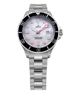 Montre femme Ratio FreeDiver Sapphire en acier inoxydable avec cadran en nacre blanche RTFL811 200M à quartz