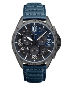 Montre Homme AVI-8 P-51 Mustang Blakeslee Chronograph Air Bracelet Cuir Bleu Cadran Gris Et Bleu Quartz AV-4077-04