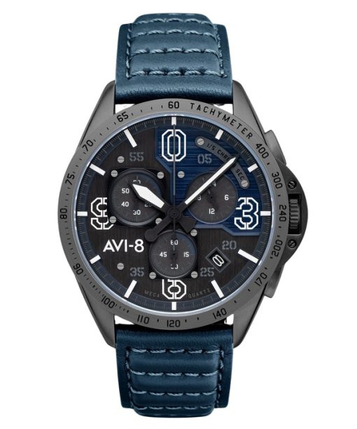 Montre Homme AVI-8 P-51 Mustang Blakeslee Chronograph Air Bracelet Cuir Bleu Cadran Gris Et Bleu Quartz AV-4077-04