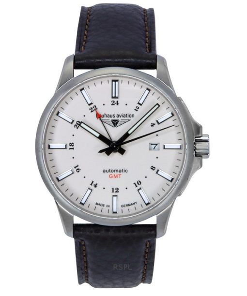 Montre Bauhaus Aviation GMT pour homme avec bracelet en cuir et cadran beige entièrement lumineux, automatique, 28685, 100 m