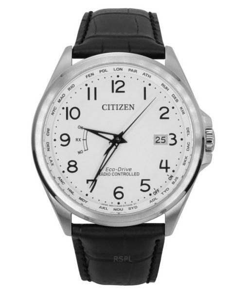 Montre homme Citizen radiocommandée avec bracelet en cuir et cadran blanc Eco-Drive CB0250-17A 100M