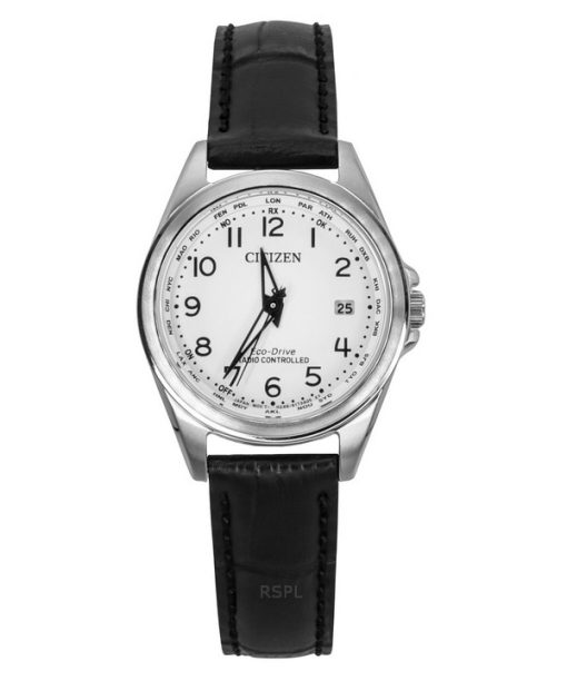 Montre Citizen radiocommandée avec bracelet en cuir et cadran blanc Eco-Drive EC1180-14A 100M pour femme