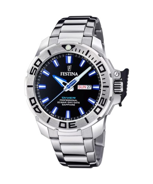 Montre de plongée à quartz Festina Classics en acier inoxydable avec cadran noir F20665-3 200 m pour homme avec bracelet cadeau