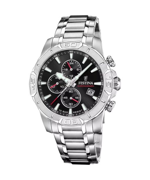 Montre chronographe Festina Timeless en acier inoxydable avec cadran noir et quartz F20704-3 100M pour homme