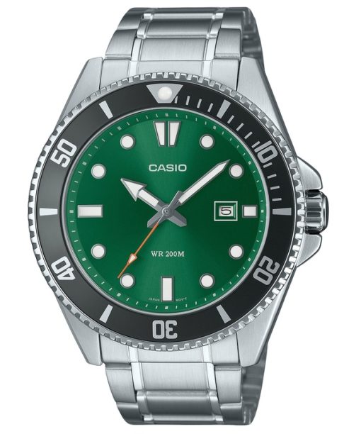 Montre analogique Casio pour homme avec cadran vert et quartz, en acier inoxydable, 200 m, MDV-107D-3A2V