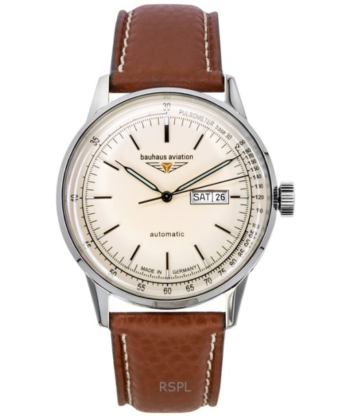 Montre Bauhaus Aviation pour homme avec bracelet en cuir et cadran beige, automatique 23665 100M