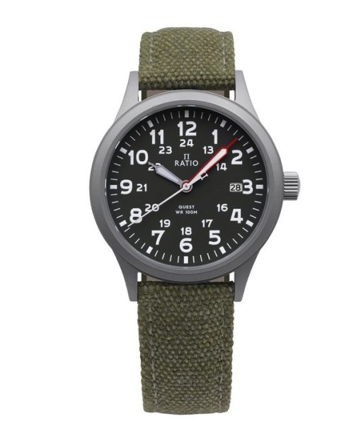 Montre de terrain pour homme Ratio Quest avec bracelet en toile saphir et cadran vert kaki à quartz RTQ029 100M Édition Lewis et