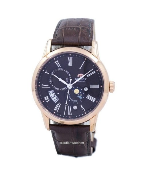 Montre homme Orient Sun And Moon bracelet en cuir cadran marron foncé automatique SAK00003T0 reconditionnée