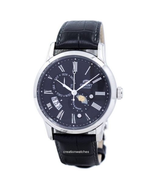 Montre homme Orient Sun And Moon avec bracelet en cuir et cadran noir SAK00004B automatique reconditionnée